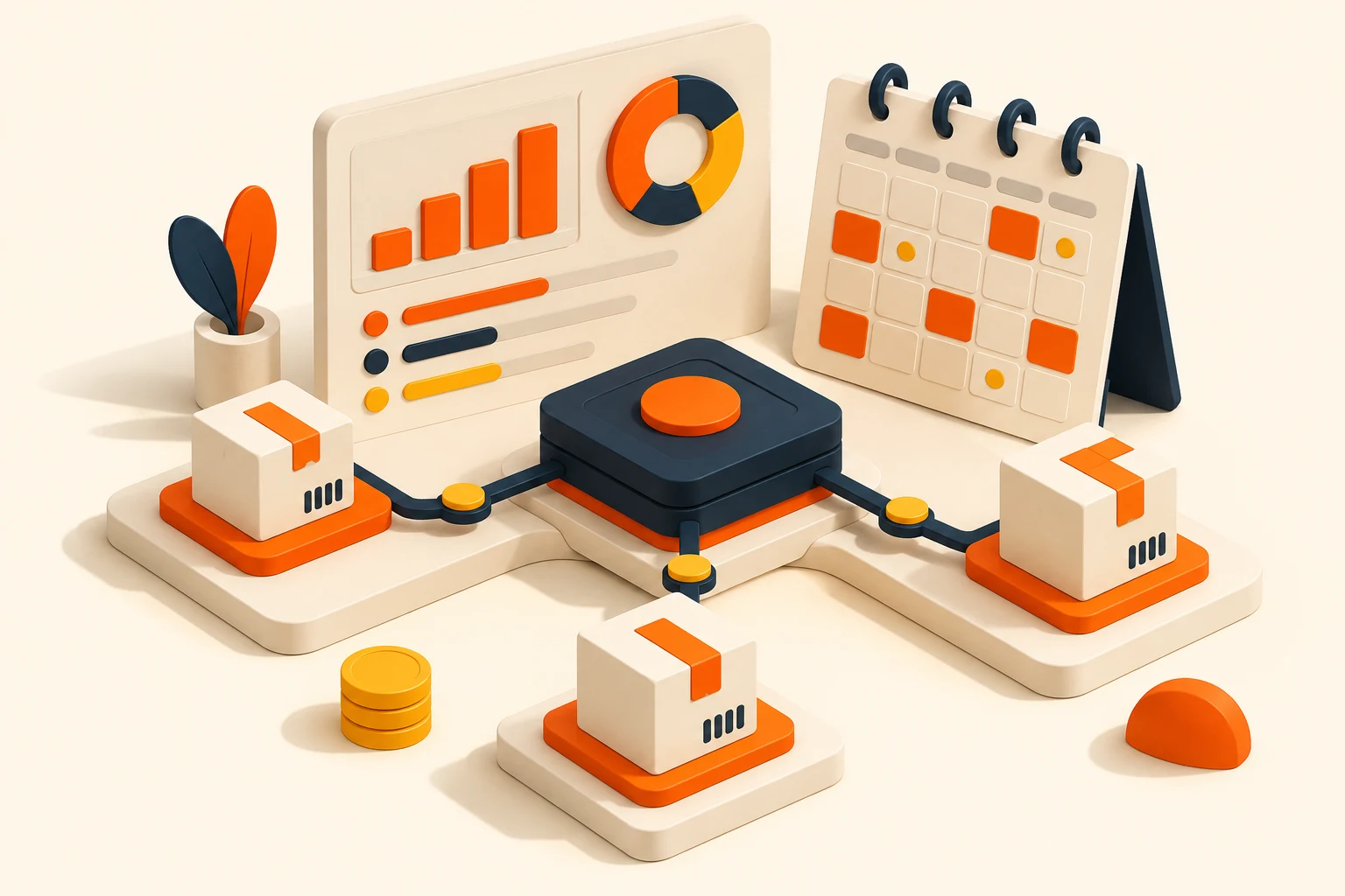 Illustration of connected inventory, reporting and calendar tools