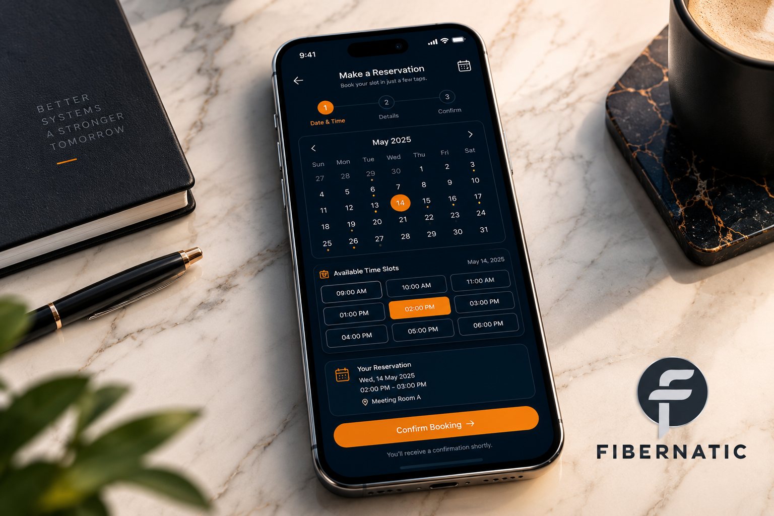 A phone showing a Fibernatic booking flow with a calendar, available time slots and a Confirm Booking button