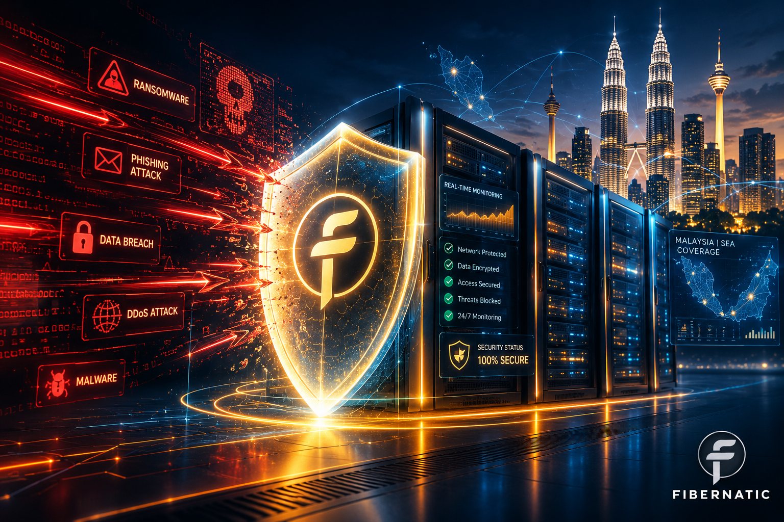 A glowing shield carrying the Fibernatic logo deflecting ransomware, phishing, data breach, DDoS and malware attacks in front of server racks and the Kuala Lumpur skyline