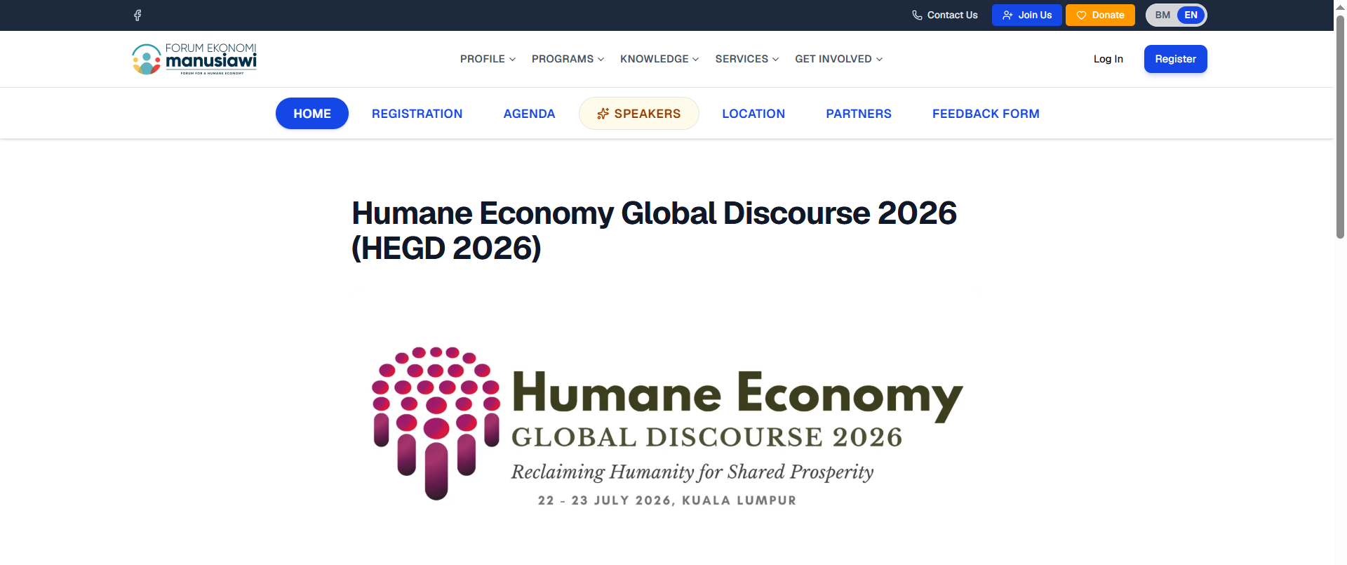 The official HEGD 2026 event website, showing the Humane Economy Global Discourse branding and navigation for registration, agenda, speakers and location