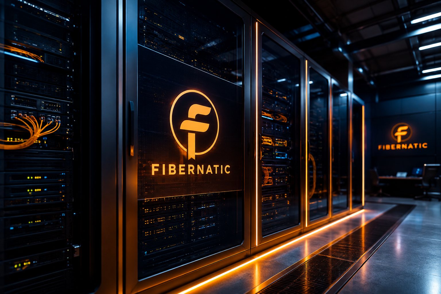 Rows of Fibernatic-branded server racks lit in amber inside a data centre